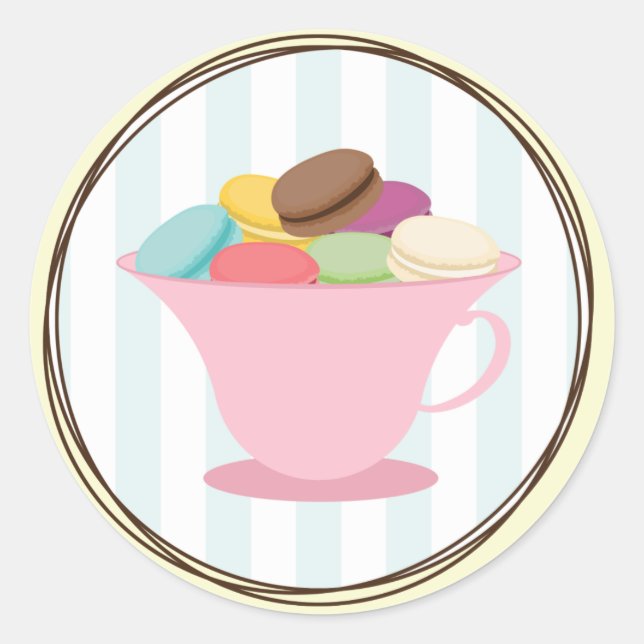 French Macarons In Pink Tea Cup Sticker (Front)