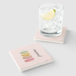 French Macarons Watercolor Monogrammed Stone Coaster