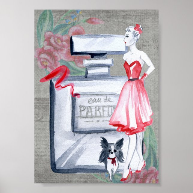 French Madam with dog perfume scent bottle vintage Poster (Front)