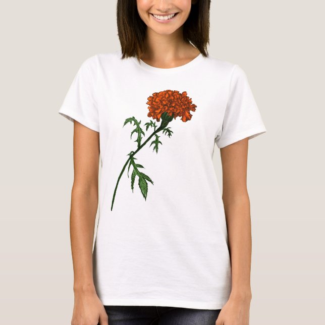 French Marigold Flower Ink Drawing T-Shirt (Front)