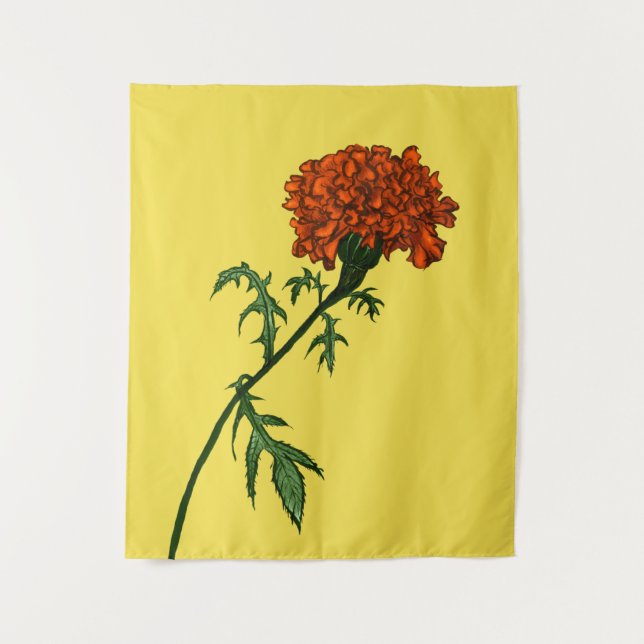 French Marigold Flower Ink Drawing Tapestry (Front)