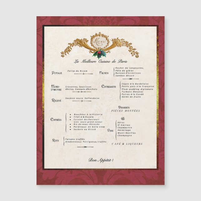 French Menu Holiday Fridge Decor Magnetic Card (Front)
