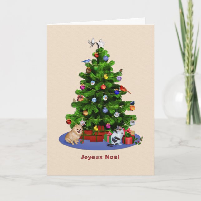 French, Merry Christmas Tree, Birds, Cat, Dog Holiday Card (Front)