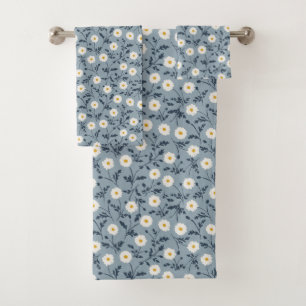 French Navy Blue Modern Farmhouse Daisy Pattern Bath Towel Set