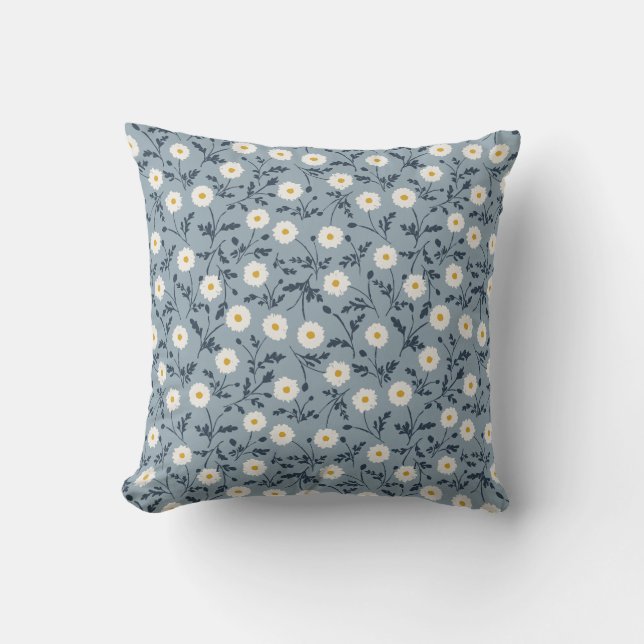 French Navy Blue Modern Farmhouse Daisy Pattern Cushion (Front)
