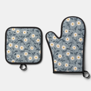 French Navy Blue Modern Farmhouse Daisy Pattern Oven Mitt & Pot Holder Set