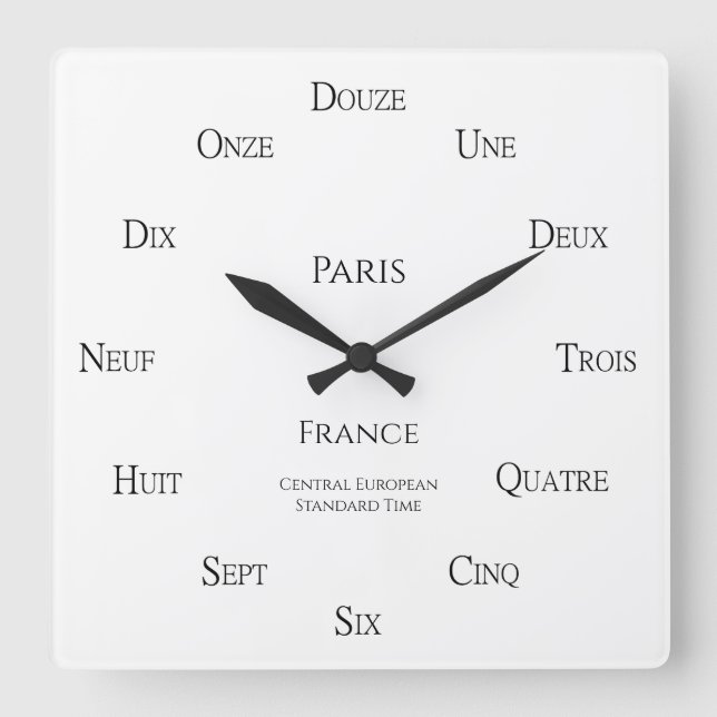 French Numbers Personalised City Country Time Zone Square Wall Clock (Front)