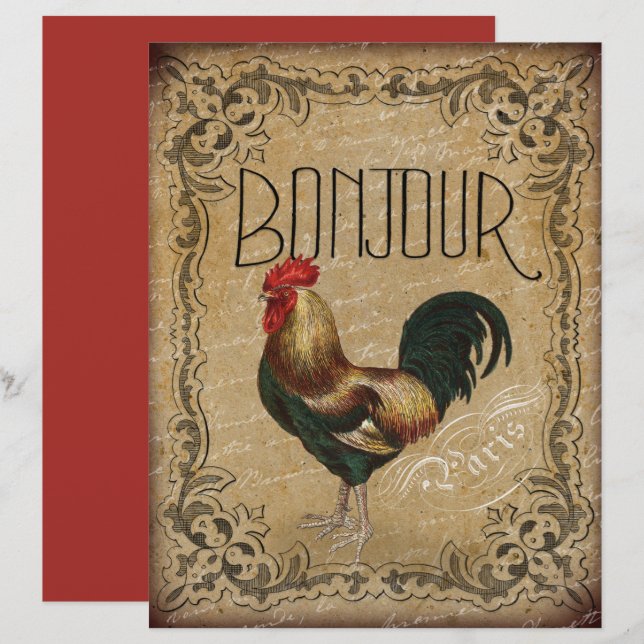 French Paris Bonjour Rooster Scrapbook Paper (Front/Back)