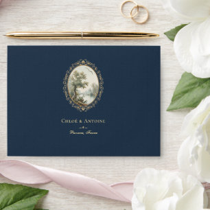 French Pastoral Navy Blue & Gold Wedding Envelope