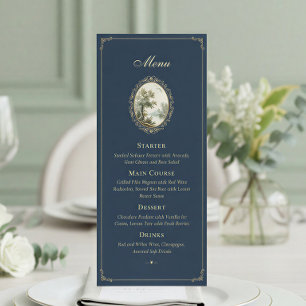 French Pastoral Navy Blue & Gold Wedding Menu Card