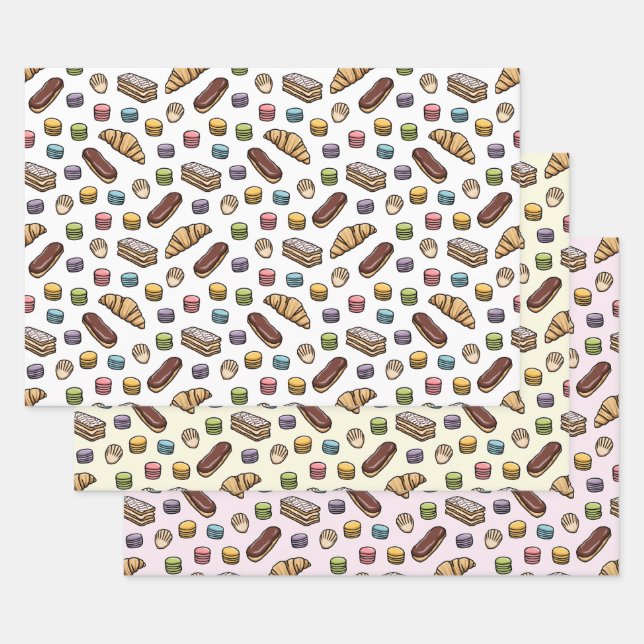 French Pastries Sweet Macaron Pattern Wrapping Paper Sheet (Set)