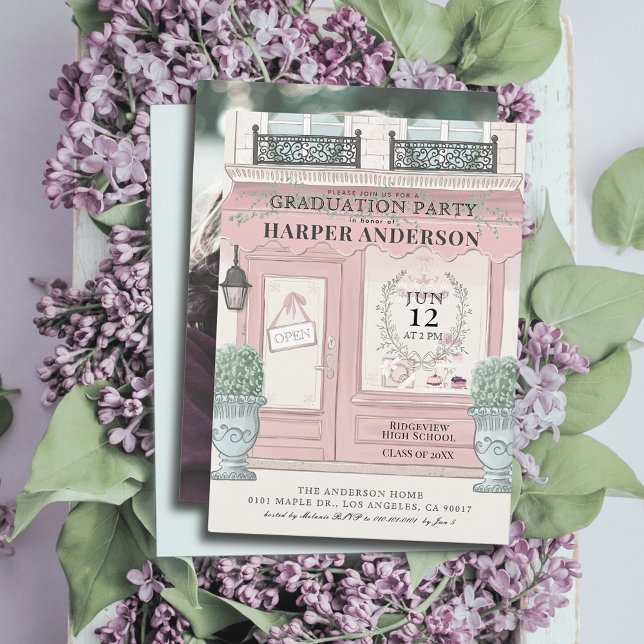 French Patisserie Paris Pink Graduation Photo Invitation (Creator Uploaded)