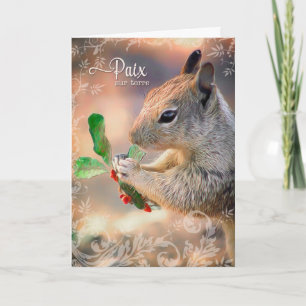 French Peace on Earth Squirrel and Holly Holiday Card