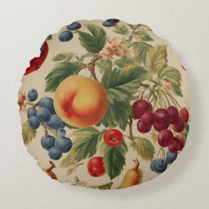 French Peach, Cherries, Blueberries, Pears, Apples Round Cushion