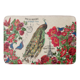French Peacock Bird Rose Flower Paris Bath Mat