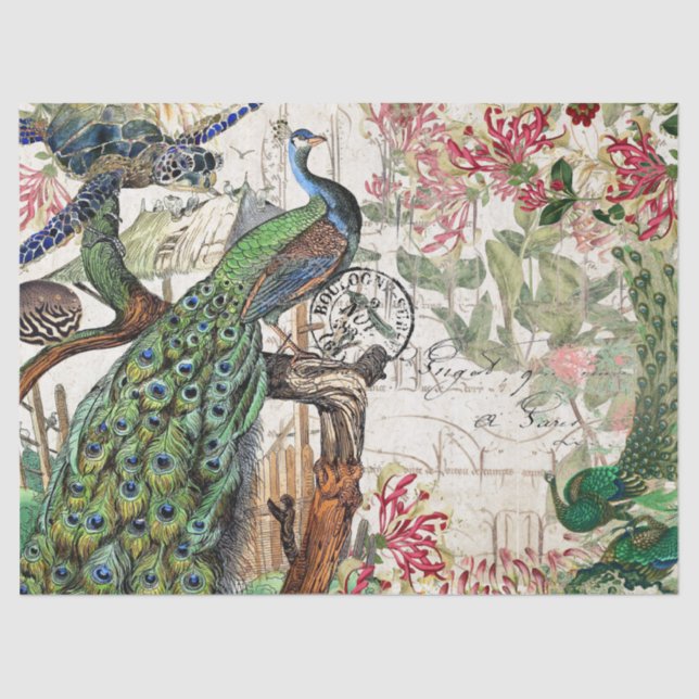 French Peacock Bird Turtle Blowfish Flowers Tissue Paper (Front)