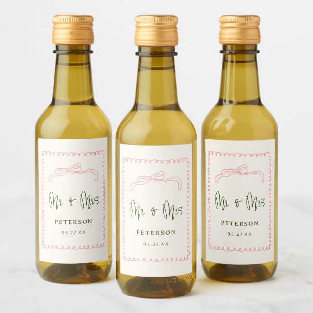 French Pink and Green Mr & Mrs Wedding Monogram Wine Label (Bottles)