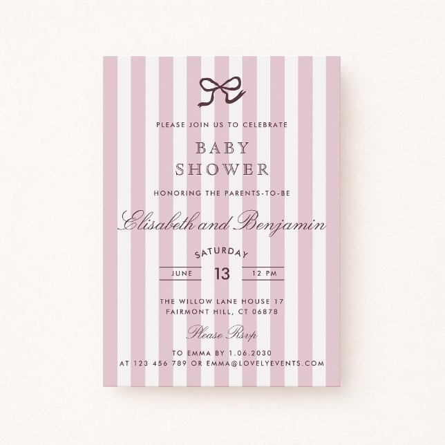 French Pink Bow & Stripes Baby Shower Invitation (Creator Uploaded)