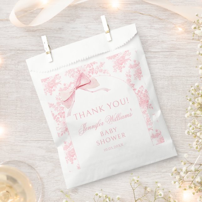 French Pink Bow Toile Floral Baby Girl Shower Favour Bags (Clipped)
