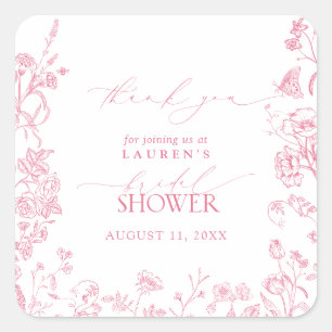 French Pink Classic Floral Bridal Shower Thank You Square Sticker