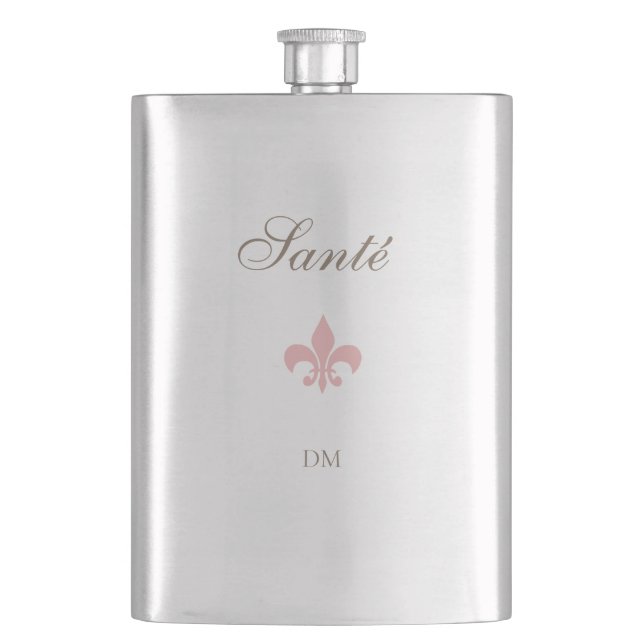 French Pink Fleur de Lis Santé Wedding Favour  Hip Flask (Front)