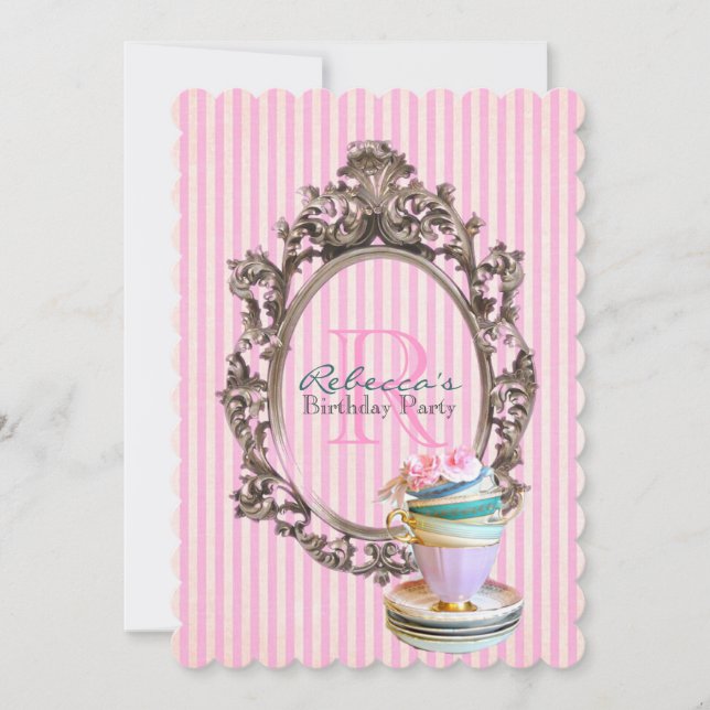 french pink stripes cupcake paris birthday party invitation (Front)