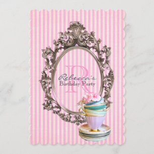 french pink stripes cupcake paris birthday party invitation