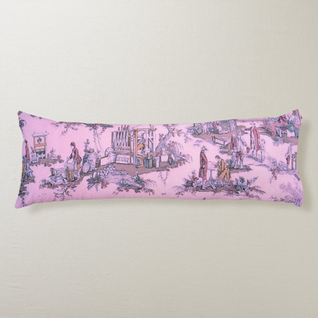 French Pink Toile de Jouy Chinoiserie Style Rustic Body Cushion (Front)