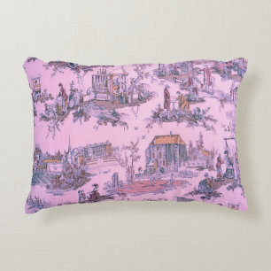 French Pink Toile de Jouy Chinoiserie Style Rustic Decorative Cushion