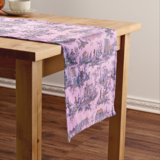 French Pink Toile de Jouy Chinoiserie Style Rustic Long Table Runner