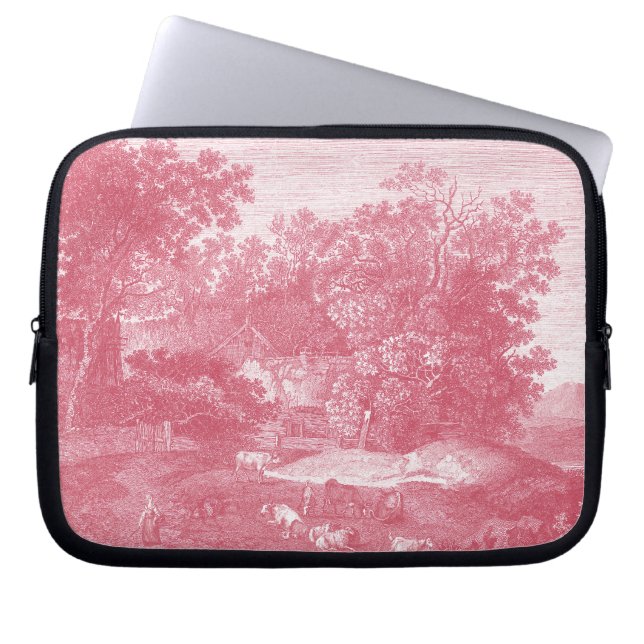 French Pink Toile de Jouy Shabby Counry Landscape Laptop Sleeve (Front)