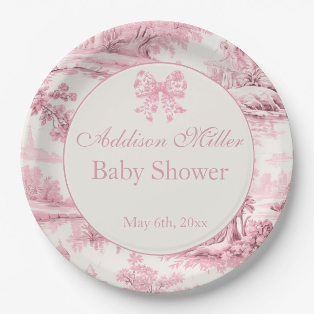 French Pink Toile Floral Bow Baby Girl Shower  Paper Plate (Front)
