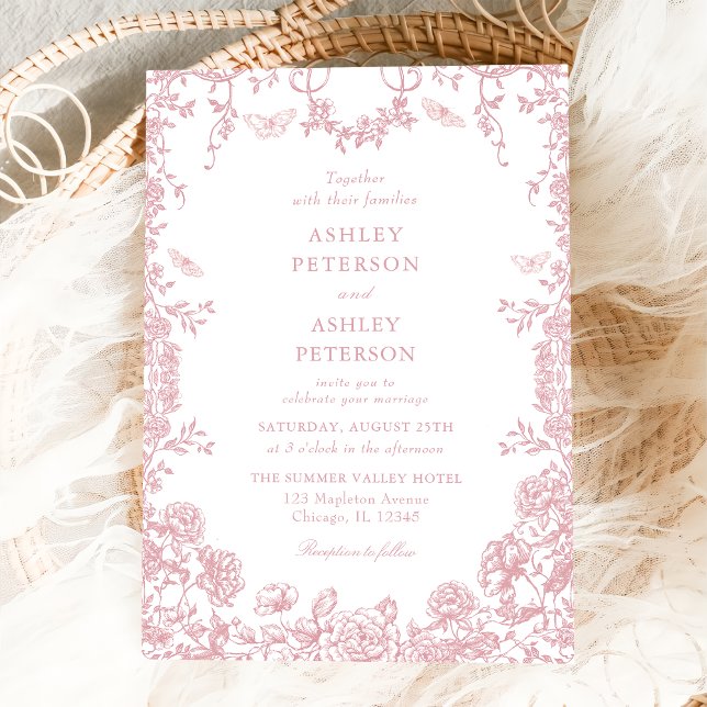 French Pink Toile Floral Chinoiserie Wedding Invitation (Creator Uploaded)