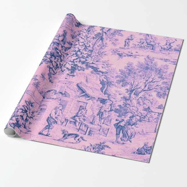 French Pink Toile Rococo Rustic Style Decoupage Wrapping Paper (Unrolled)