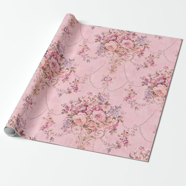 French Pink Victorian Style Floral Decoupage  Wrapping Paper (Unrolled)