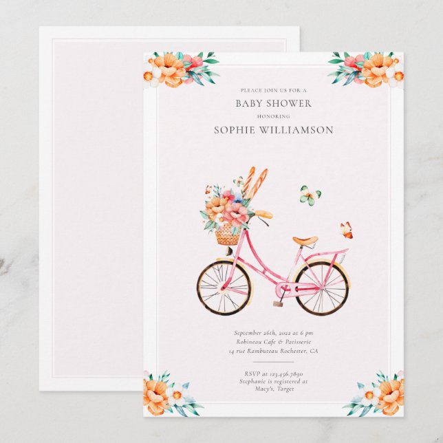 French Pink Vintage Bicycle Baby Shower  Invitation (Front/Back)