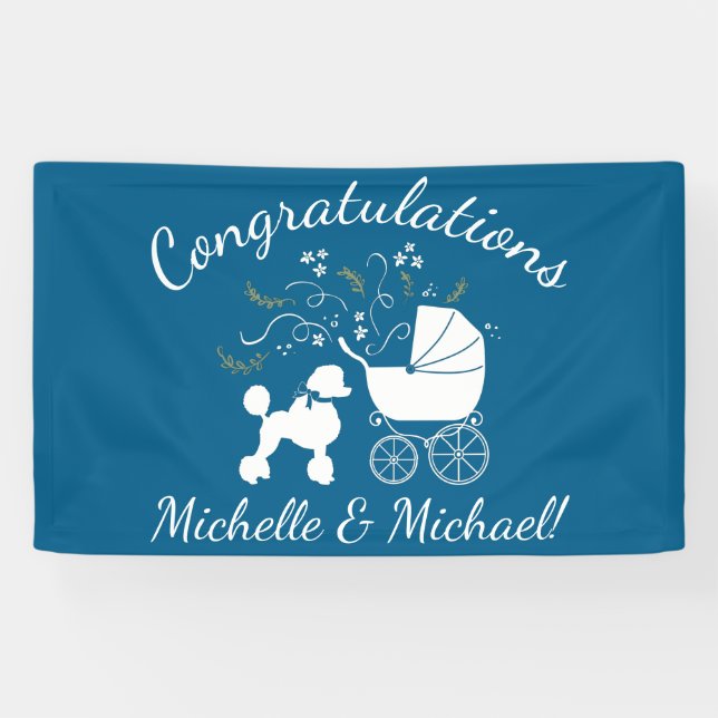 French Poodle Baby Shower Dog Puppy Blue Boy Banner (Horizontal)
