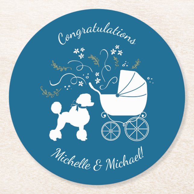 French Poodle Baby Shower Dog Puppy Blue Boy Round Paper Coaster (Front)
