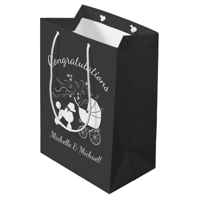 French Poodle Dog Baby Shower Puppy Grey Medium Gift Bag (Back Angled)