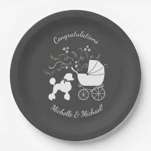 French Poodle Dog Baby Shower Puppy Grey Paper Plate