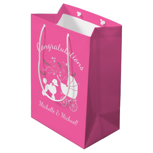 French Poodle Dog Baby Shower Puppy Pink Girl Medium Gift Bag (Back Angled)