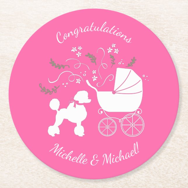 French Poodle Dog Baby Shower Puppy Pink Girl Round Paper Coaster (Front)