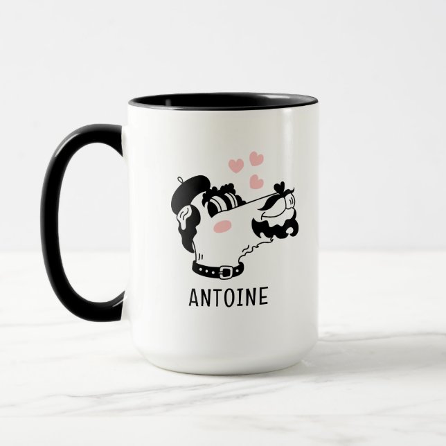 French Poodle Dog Wearing Beret Personalised Name Mug (Left)