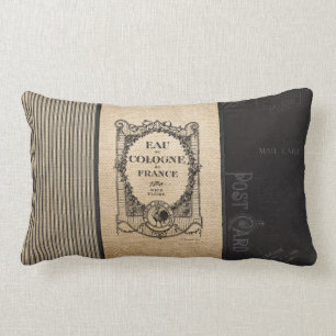 French Postage Cologne Burlap Black STripes Lumbar Cushion