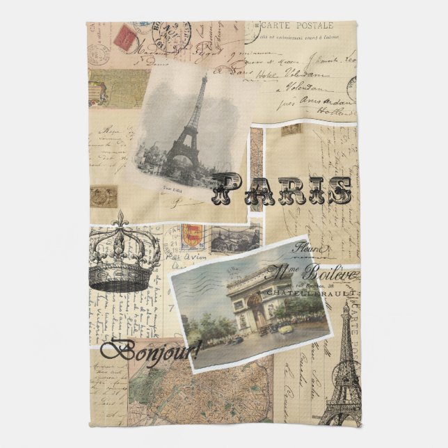 French Postcard Collage Kitchen Towel (Vertical)