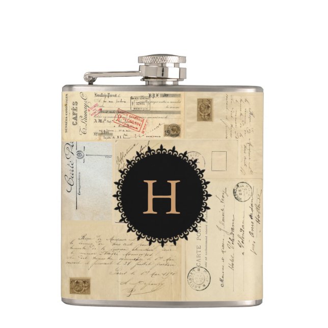 French Postcard Collage Monogram Flask (Front)