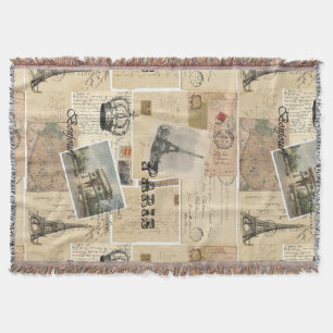 French Postcard Collage Throw Blanket