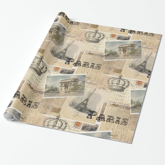 French Postcard Collage Wrapping Paper (Unrolled)