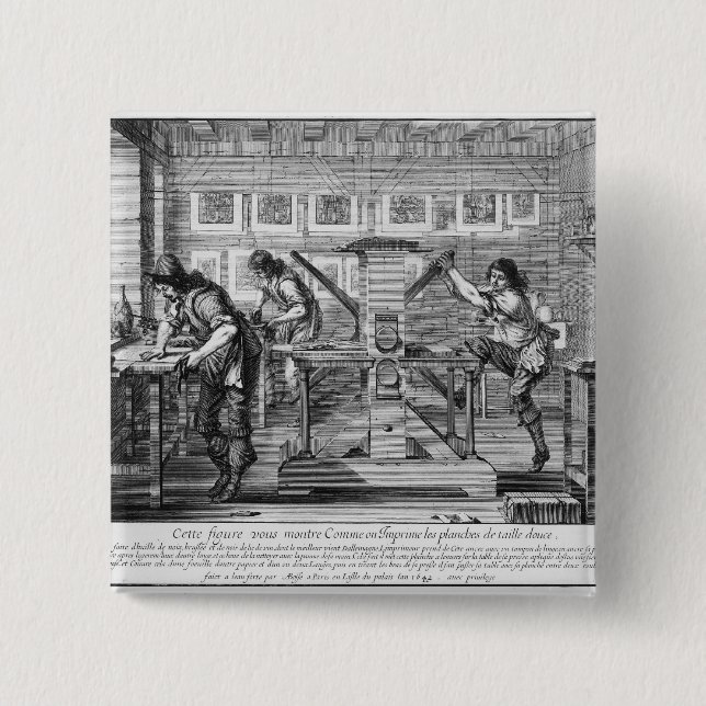 French printing press, 1642 15 cm square badge (Front)