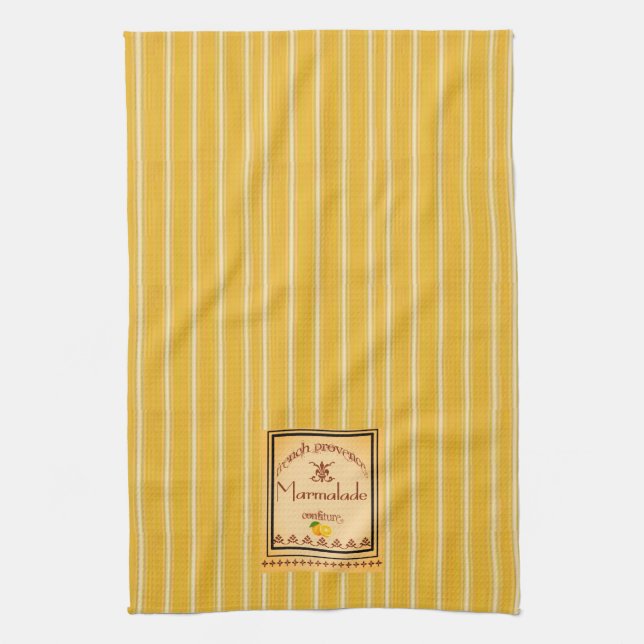 French Provence Yellow Stripes with Text Label Tea Towel (Vertical)